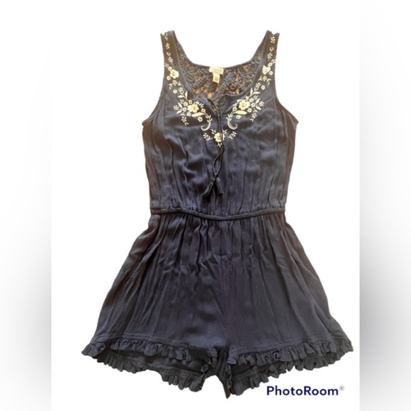 Cape Juby Navy Blue Romper with Lace Back. Floral Embroidered Detail D16 - Picture 1 of 4